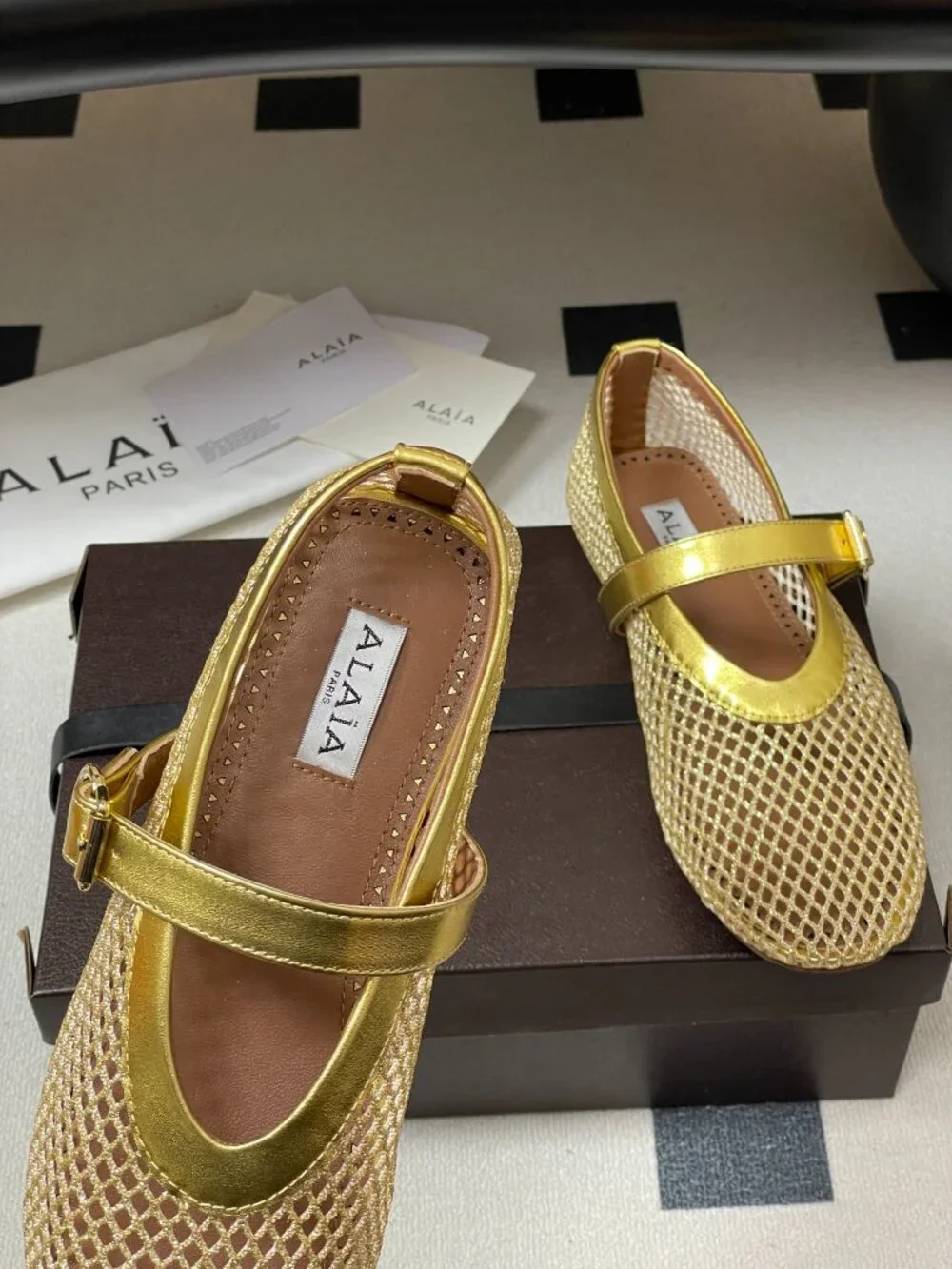 ALAIA Gold French Ballet Flats: Stunning Openwork Fishnet Shoes 🔥 - Picture 4 of 8